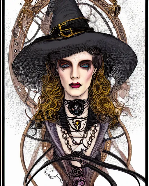 Image similar to a detailed portrait illustration of a steampunk witch - necromancer. distinguished face. random gender. art nouveau, pop art, comic book style. influenced by neil gaiman, h. p. lovecraft, tim burton, brian froud, vadim voitekhovitch, killian eng, ross tran.