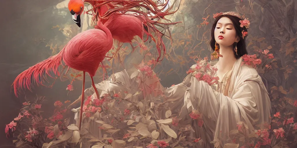 Image similar to breathtaking detailed concept art painting of the goddess of flamingo, orthodox saint, with anxious, piercing eyes, ornate background, amalgamation of leaves and flowers, by Hsiao-Ron Cheng and John James Audubon, extremely moody lighting, 8K