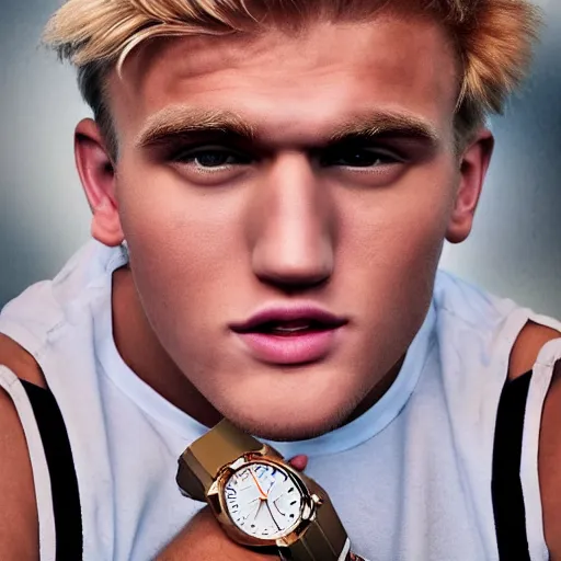 Image similar to a realistic detailed photo of boxer & youtuber jake paul, hypnotized by a watch, blank stare, shiny skin