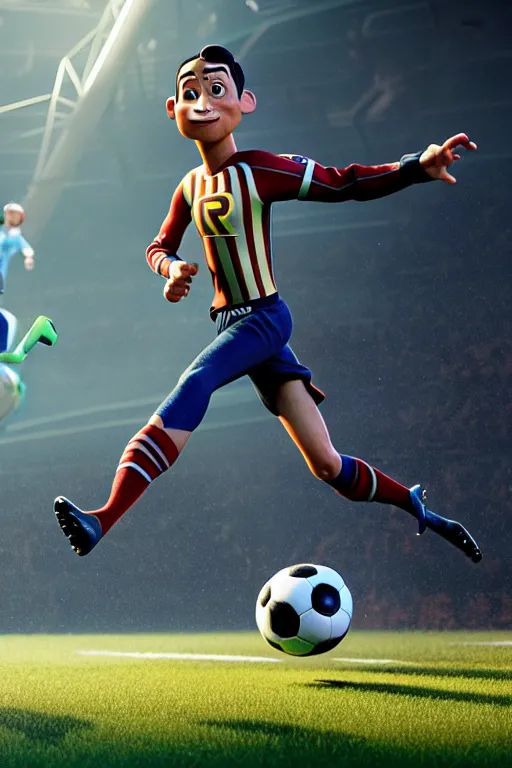 Image similar to pixar man cristiano ronaldo running from a soccer field | glamorous oily soft polished rich ornate modern | weta disney pixar movie still photo | hi - fructose, sci fi fantasy, smooth, octane render, sharp focus, artstation, concept art | artgerm, mucha, rutkowski, feng zhu, wlop, loish