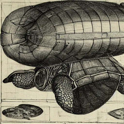 Image similar to a turtle airship, mechanical diagram, drawing from the notebooks of da vinci