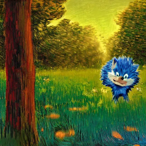 Image similar to sad painting of detailed realistic sonic the hedgehog in the woods at night, in the style of studio ghibli and moebius and claude monet and edward hopper and vincent van gogh