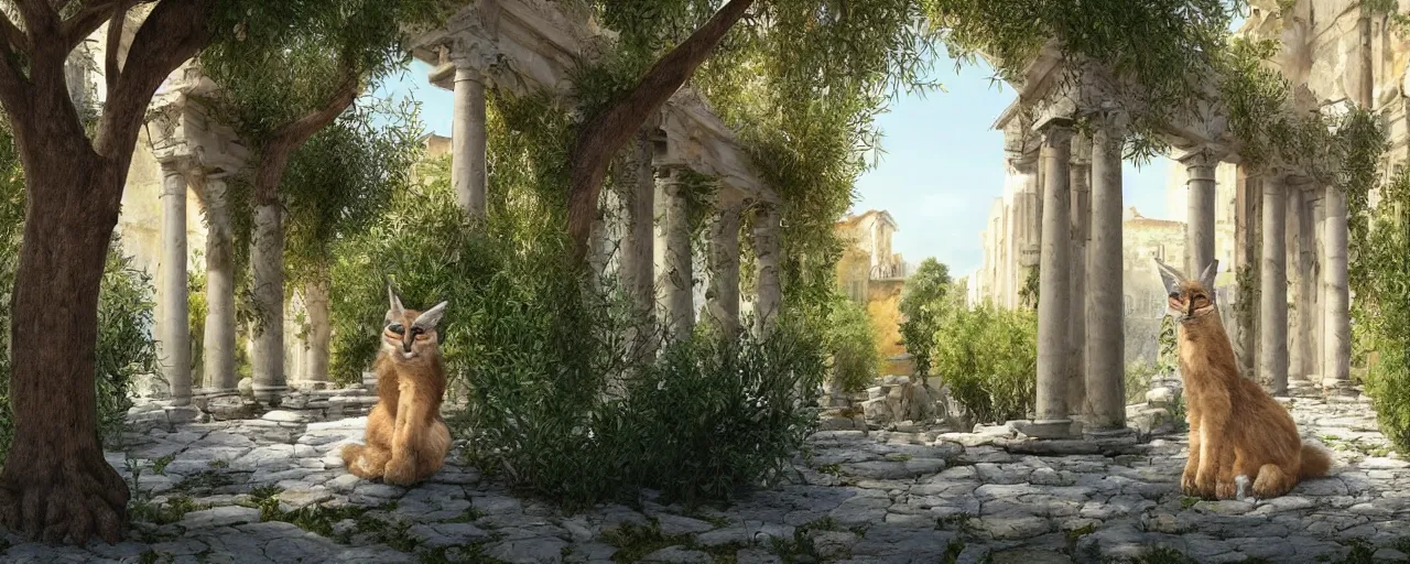 Prompt: cute fluffy caracal wearing toga, in ancient greek town, marble columns, olive trees, sunny, a beautiful landscape by gediminas pranckevicius