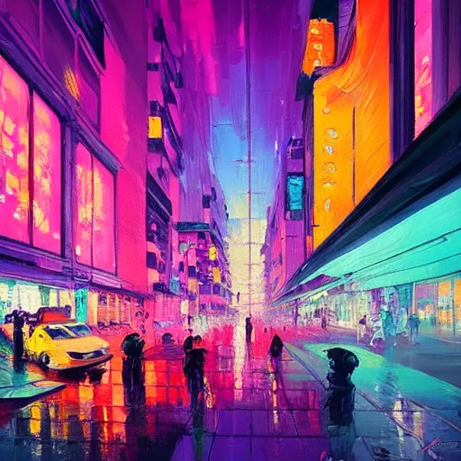 Image similar to impressionism and expressionism, bold colors, expressive brushstrokes. a painting of an art - deco city street with pink flowers, cyberpunk art by liam wong, cgsociety, panfuturism, cityscape, utopian art, anime aesthetic