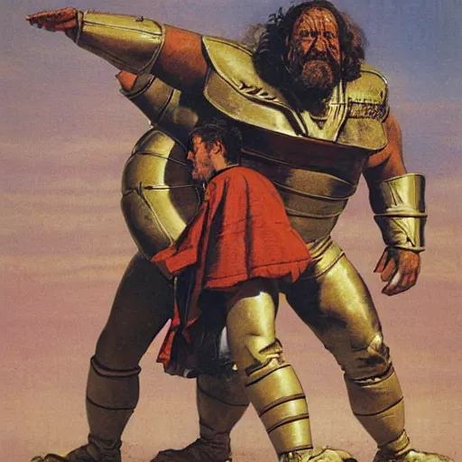 Image similar to wrestler giant haystacks in scifi warrior combat battle armour, by norman rockwell and boris vallejo