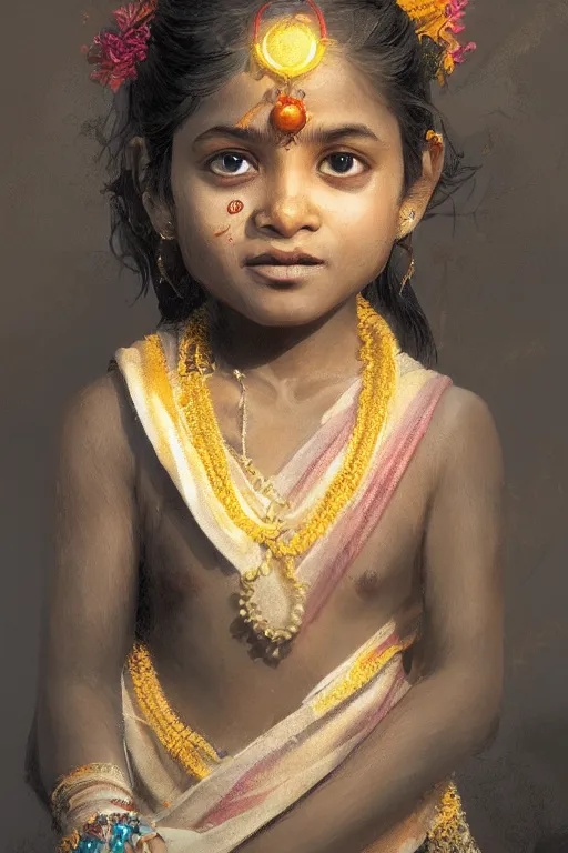 Image similar to hindu little girl, joyful, close - up portrait, intricate, elegant, volumetric lighting, scenery, digital painting, highly detailed, artstation, sharp focus, illustration, concept art, ruan jia, steve mccurry