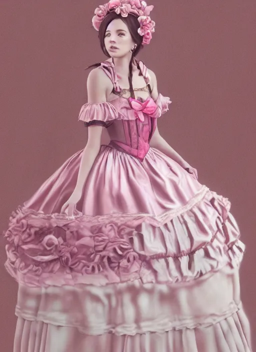 Image similar to oil painting, costume design, pink rose lolita dress, 3 d, render by maya, hyper realistic