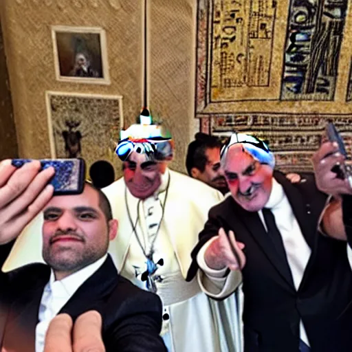 Image similar to Egyptian Gods taking a selfie with the pope , professional photograph 8000 BC