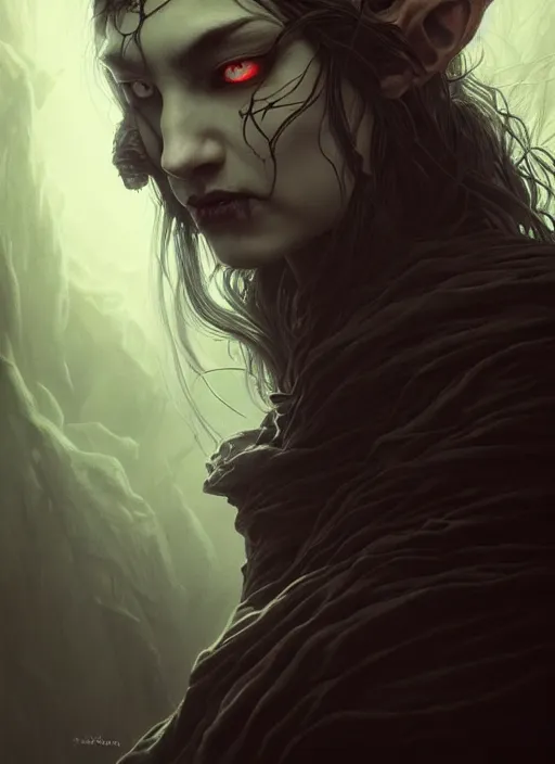 Prompt: full face epic portrait, victorian gothic cursed witch glowing eyes, elden ring, matte painting concept art, midjourney, beautifully backlit, swirly vibrant color lines, majestic, cinematic aesthetic, smooth, intricate, 8 k, by ilya kuvshinov, artgerm, darius zawadzki and zdizslaw beksinski