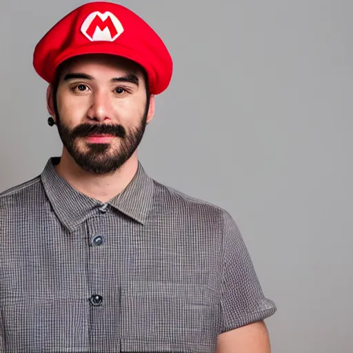 Prompt: Professional corporate portrait of Mario wearing his Mario hat and overalls, Nintendo, studio lighting, 85mm lens