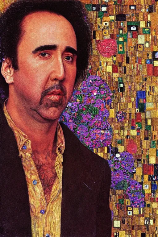 Prompt: Portrait of Nicolas Cage painted by gustav klimt