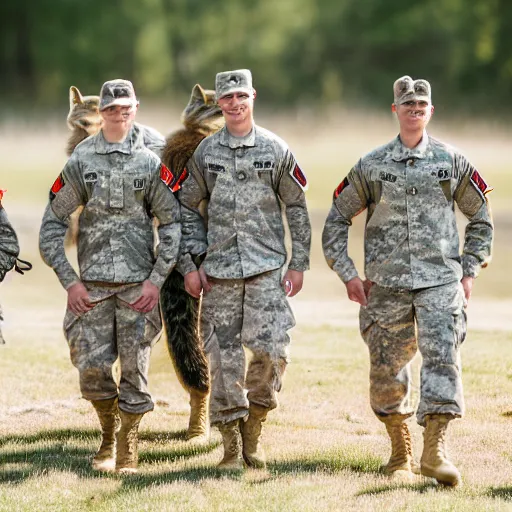 Prompt: a group of fox animals dressed in modern american military soldier uniforms, special ops foxes animals, 8 5 mm f / 1. 4