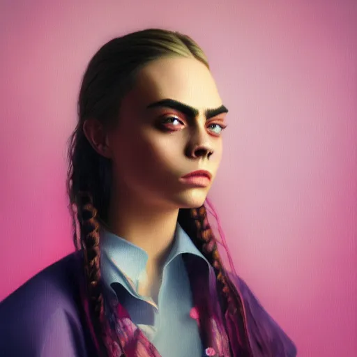 Prompt: cara delevingne, full body portrait colorful oil painting by vermeer, android jones, yuumei, yanjun cheng, unreal 5, daz, hyperrealistic, octane render, rpg portrait, dynamic lighting, fantasy art, beautiful face