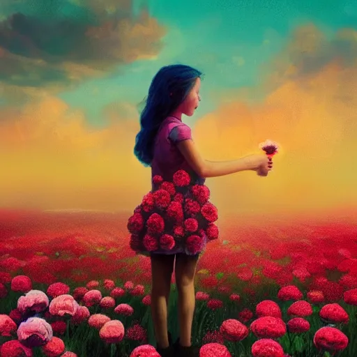 Image similar to face of carnations flower, girl standing in a flower field, surreal photography, sunrise dramatic light, impressionist painting, colorful clouds, digital painting, artstation, simon stalenhag, flower face