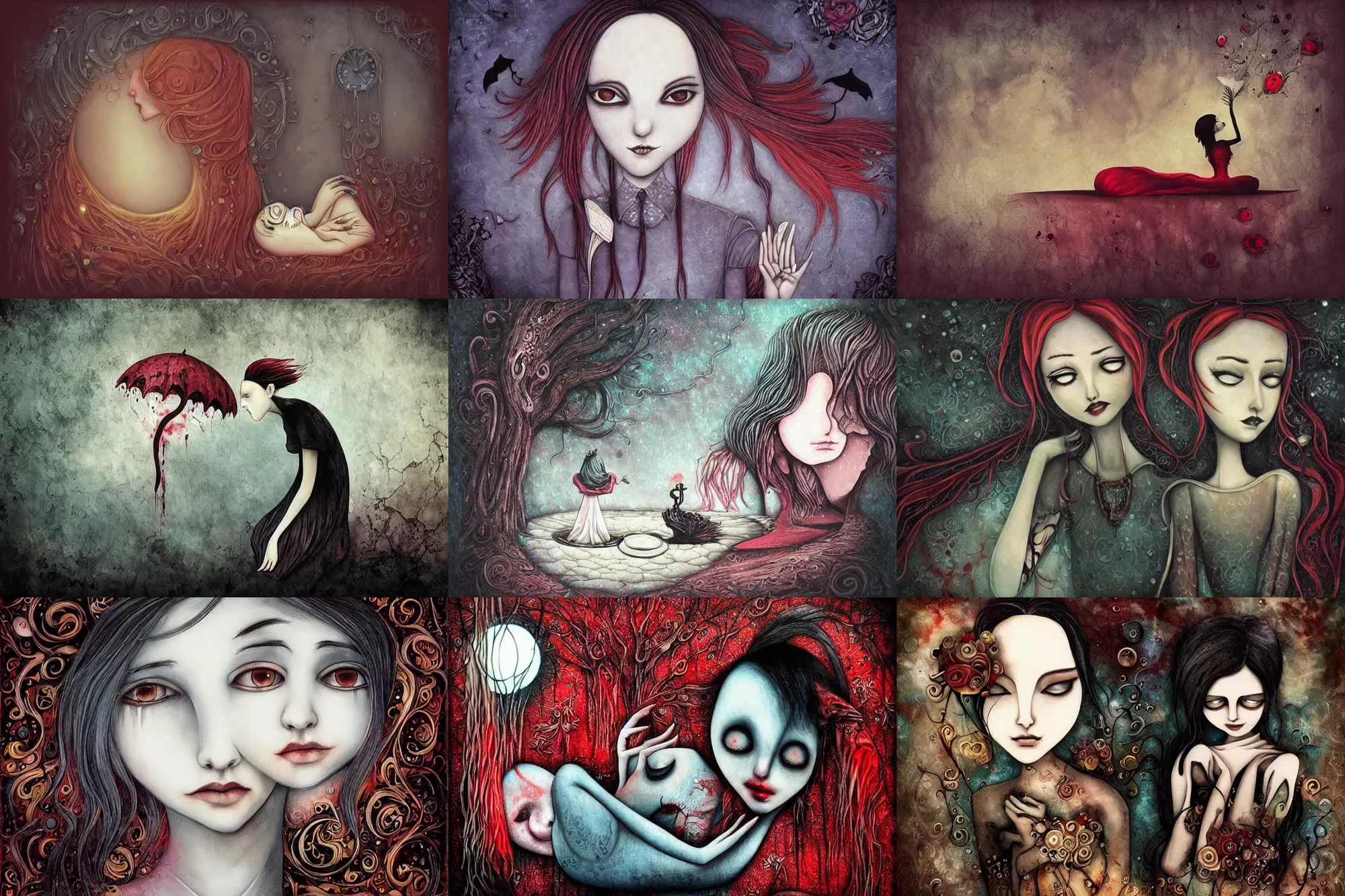 Prompt: Alice cries and makes a pool of tears in the room, dramatic, art style Megan Duncanson and Benjamin Lacombe, super details, dark dull colors, ornate background, mysterious, eerie, sinister