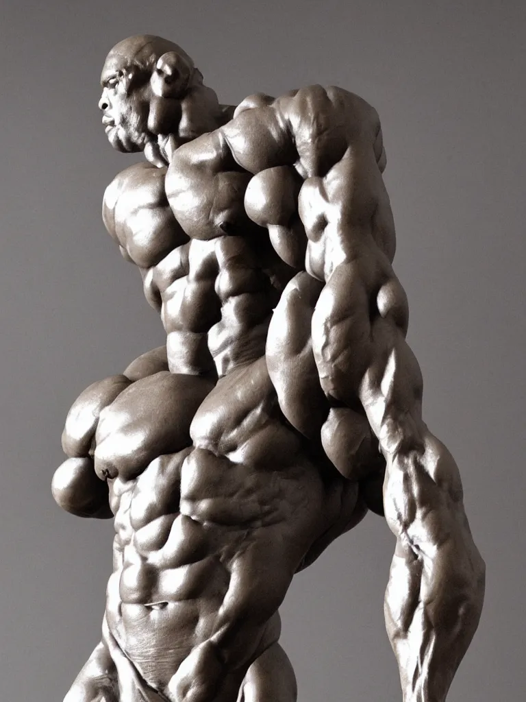 Image similar to a marble statue of Ronnie Coleman by Michaelangelo