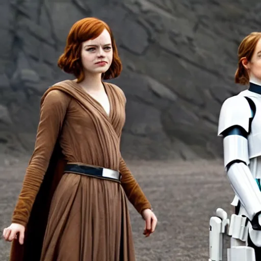 Image similar to emma stone and emma watson in Star Wars, movie still