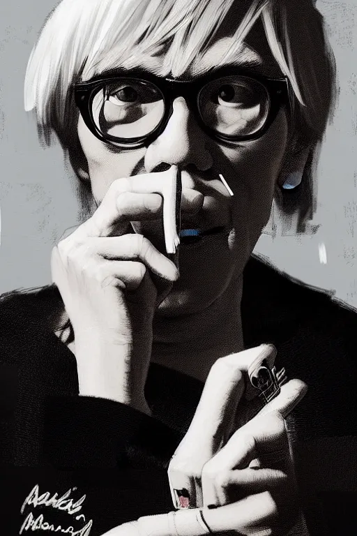 Prompt: a highly detailed beautiful portrait of andy warhol smoking a cigarette, extremely detailed, digital painting, artstation, concept art, smooth, sharp focus, illustration, intimidating lighting, incredible art