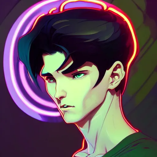 Image similar to a face portrait character design by artgerm, cushart krenz, greg rutkowski and alphonse mucha. young danny phantom!! glowing green eyes!! bold outline sharp edges. ultra clear detailed. 8 k. elegant, neon colors, symmetry, intricate complexity, epic composition, magical atmosphere, cinematic lighting masterpiece trending on artstation 8 k octane render.