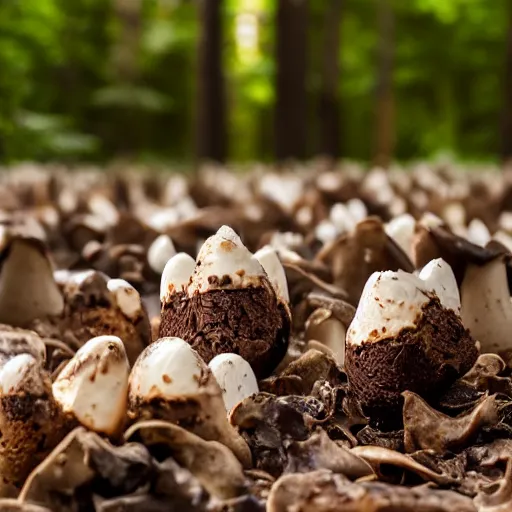 Image similar to a sharp photograph of a clump of rocky road ice cream cones growing in the deep lush forest like mushrooms. Shallow depth-of-field, dramatic light