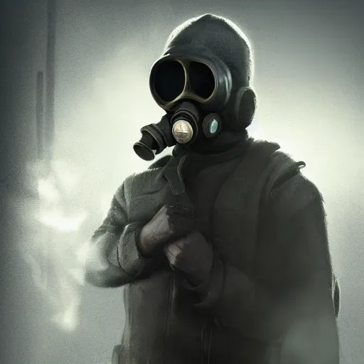 Image similar to hooden villain wearing a gas mask with smoke coming out of his body, dark background, unreal engine 5, ultra realistic, detailed, fog, by greg rutkowski