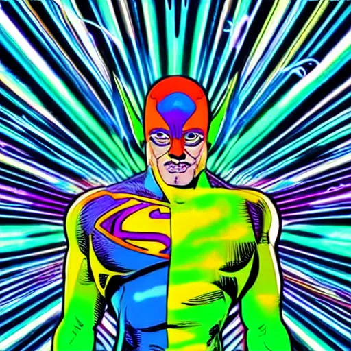 Prompt: psychedilic superhero with an eye om his chest, octane, super realistic, 8 k