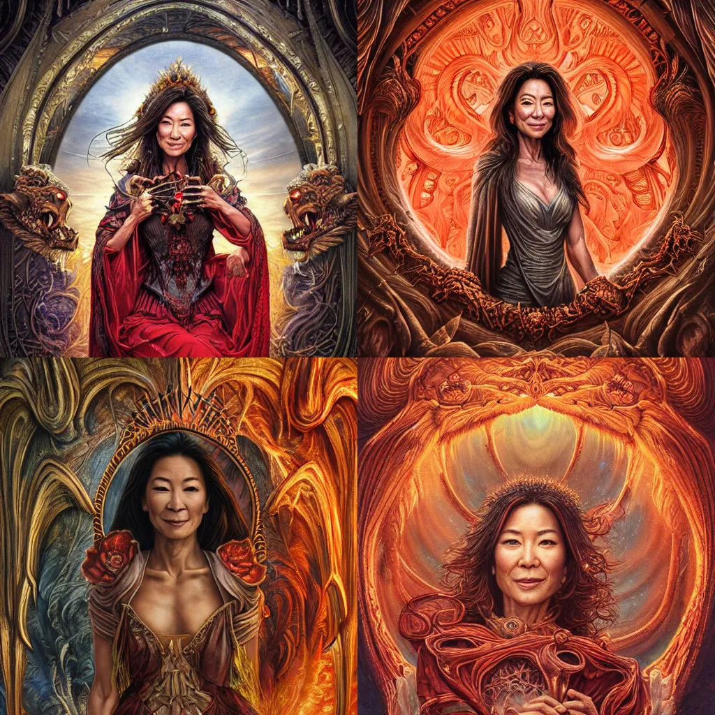 Image similar to A beautiful detailed tarot card of Michelle Yeoh, by tomasz alen kopera and Justin Gerard, symmetrical features, ominous, magical realism, texture, intricate, ornate, royally decorated, whirling smoke, embers, red adornements, red torn fabric, radiant colors, fantasy, trending on artstation, volumetric lighting, micro details, 3d sculpture, ray tracing, 8k, anaglyph effect