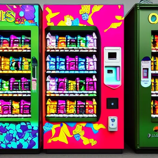 Prompt: cute vending machine stocked with whimsical and colorful fantasy potions, detailed, 8 k, octane render