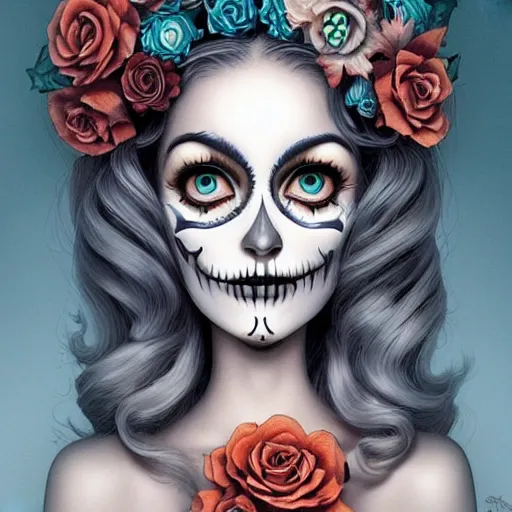 Image similar to Lofi portrait Pixar style by Joe Fenton and Stanley Artgerm, dio de los muertos, Tom Bagshaw and Tim Burton