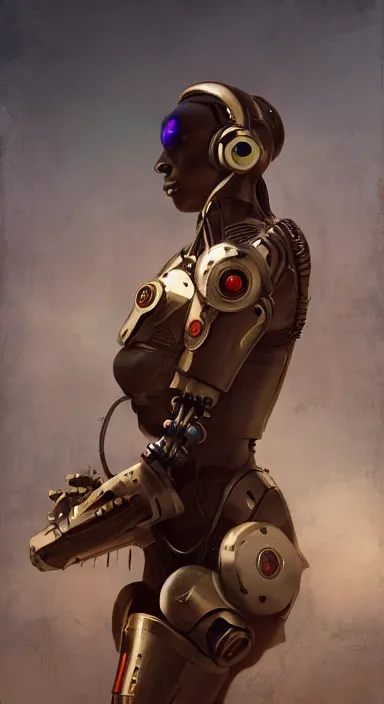 Image similar to full length portrait of a catholic cyborg saint djing with headphones on, cinematic background, high detail, digital art, 4 k, painted by greg rutkowski and asher brown durand, trending on artstation