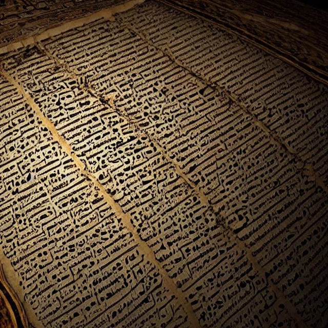 Prompt: horrifying ultra - realistic disconcerting photo of a partially damaged dead sea scroll with nabeatean aramaic in sideways columns, dark, brooding, volume lighting, atmospheric lighting, painted, intricate, ultra detailed, well composed, best on artstation, cgsociety, epic, stunning, gorgeous, intricate detail, wow, masterpiece