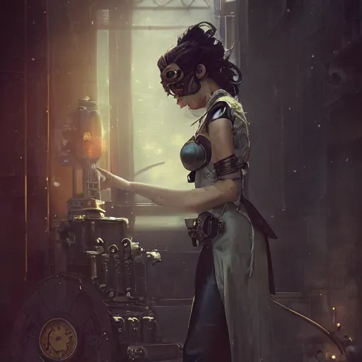 Image similar to a photograph of an attractive women in a steampunk style by greg rutkowski, sung choi, mitchell mohrhauser, maciej kuciara, johnson ting, maxim verehin, peter konig, 8 k photorealistic, cinematic lighting, hd, high details, dramatic, dark atmosphere, trending on artstation