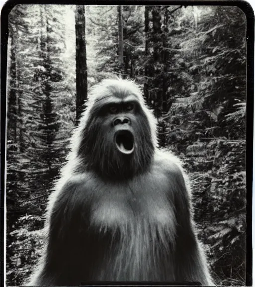 Image similar to photograph of bigfoot captured in forest on polaroid camera, signed by bigfoot in sharpie