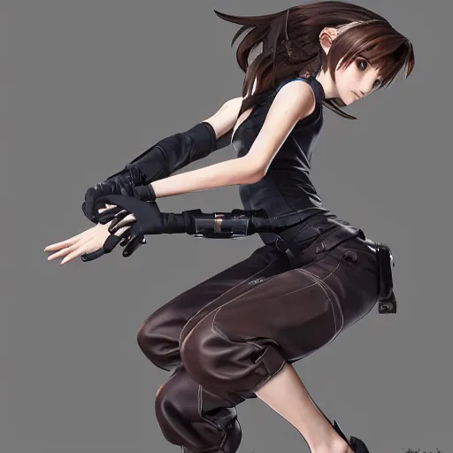 Prompt: a brown haired girl in a dynamic pose. character design. gesture drawing. line of action. official art, concept art. tetsuya nomura. final fantasy. shigenori soejima medium shot. ray tracing hdr. 8 k. uhd. sharp focus. highly detailed. masterpiece. cinematic lighting..