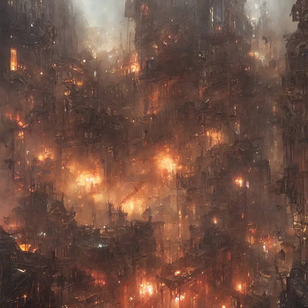 Prompt: steam punk city under attack, by greg rutkowski, so many wires