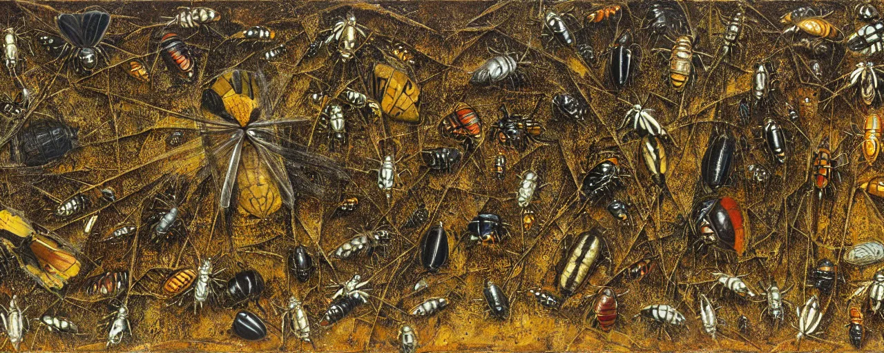 Image similar to strange giant insects, beetles, spiders and flies, swarming in a cornfield, oil painting by max ernst and anselm kiefer, decay, mixed media, textured, sharp focus, highly detailed, photographic emulsion cracked and peeling, rust, cinematic lighting, 8 k, hd