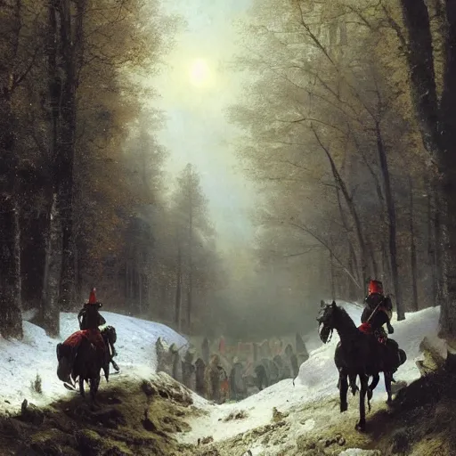 Image similar to a group of medieval european knights are riding in a column through a dark wood along a small stream, highly detailed, digital painting, sharp focus, by alber bierstadt greg rutkowski