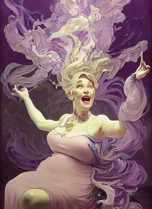 Image similar to madam mim, ugly! purple smoke aura in motion, floating pieces, painted art by tsuyoshi nagano, greg rutkowski, artgerm, alphonse mucha, spike painting