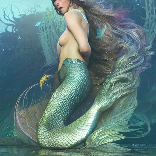 Image similar to a mermaid stuck in an oil slick, ultra realistic, concept art, intricate details, highly detailed, photorealistic, octane render, 8 k, unreal engine. art by artgerm and greg rutkowski and magali villeneuve and alphonse mucha