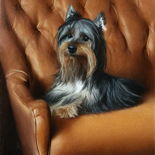 Image similar to an old happy brown and gray Yorkshire terrier dog lounging in a leather chair, long hair, extremely detailed masterpiece, illustration, by Michael Sowa,