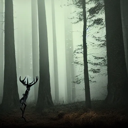 Image similar to a very detailed photograph of a wendigo in a dark foggy forest 4 k, high resolution, still, landscape, hd, dslr, hyper realistic