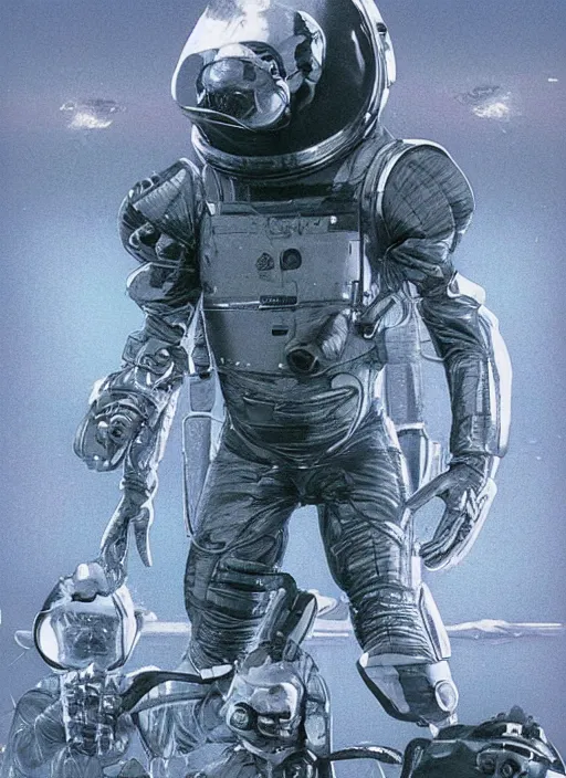 Image similar to polaroid astronauts in dark and void underwater - complex and hyperdetailed suit. reflection and dispersion materials. rays and dispersion of light. volumetric light. 5 0 mm, f / 3 2. noise film photo. flash photo. ultra realistic, poster by wayne barlowe, hajime sorayama aaron horkey, craig mullins, smooth. plastic