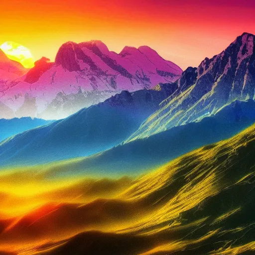 Image similar to Chill wallpaper of mountains in front of a sunset, highly detailed, colourful, peaceful