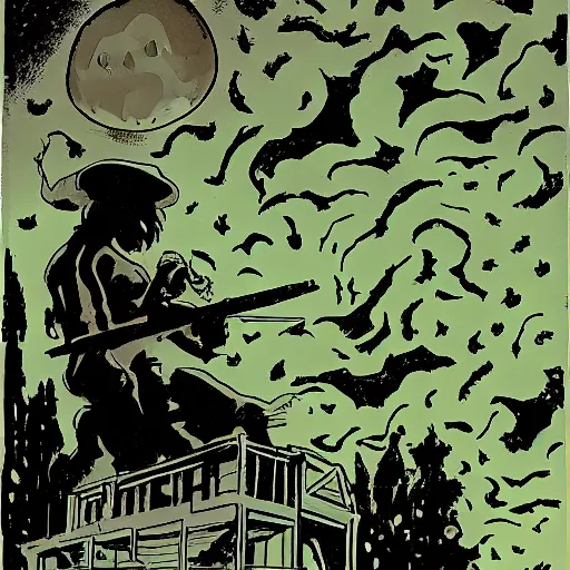 Prompt: ghosts in the bayou, heavy ink, moon in sky, green, mike mignola