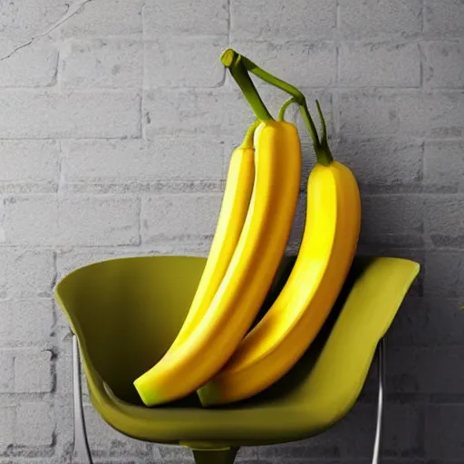 Prompt: a realistic banana chair, a tomato is sitting on the chair