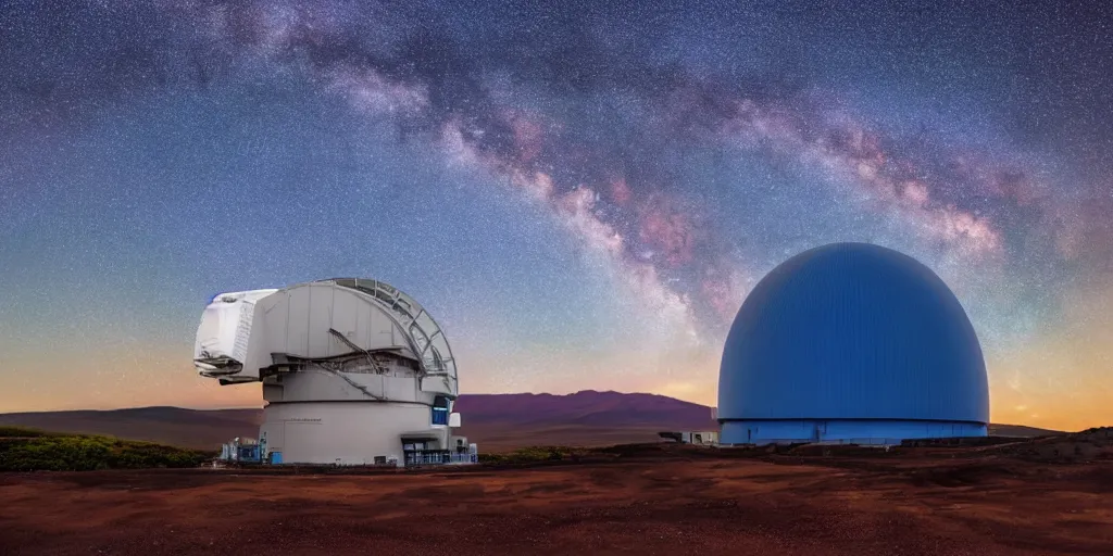 Image similar to huge telescope on mauna kea, big telescope in front, starry sky in background, blue color scheme, wide - angle lens, by hasui kawase