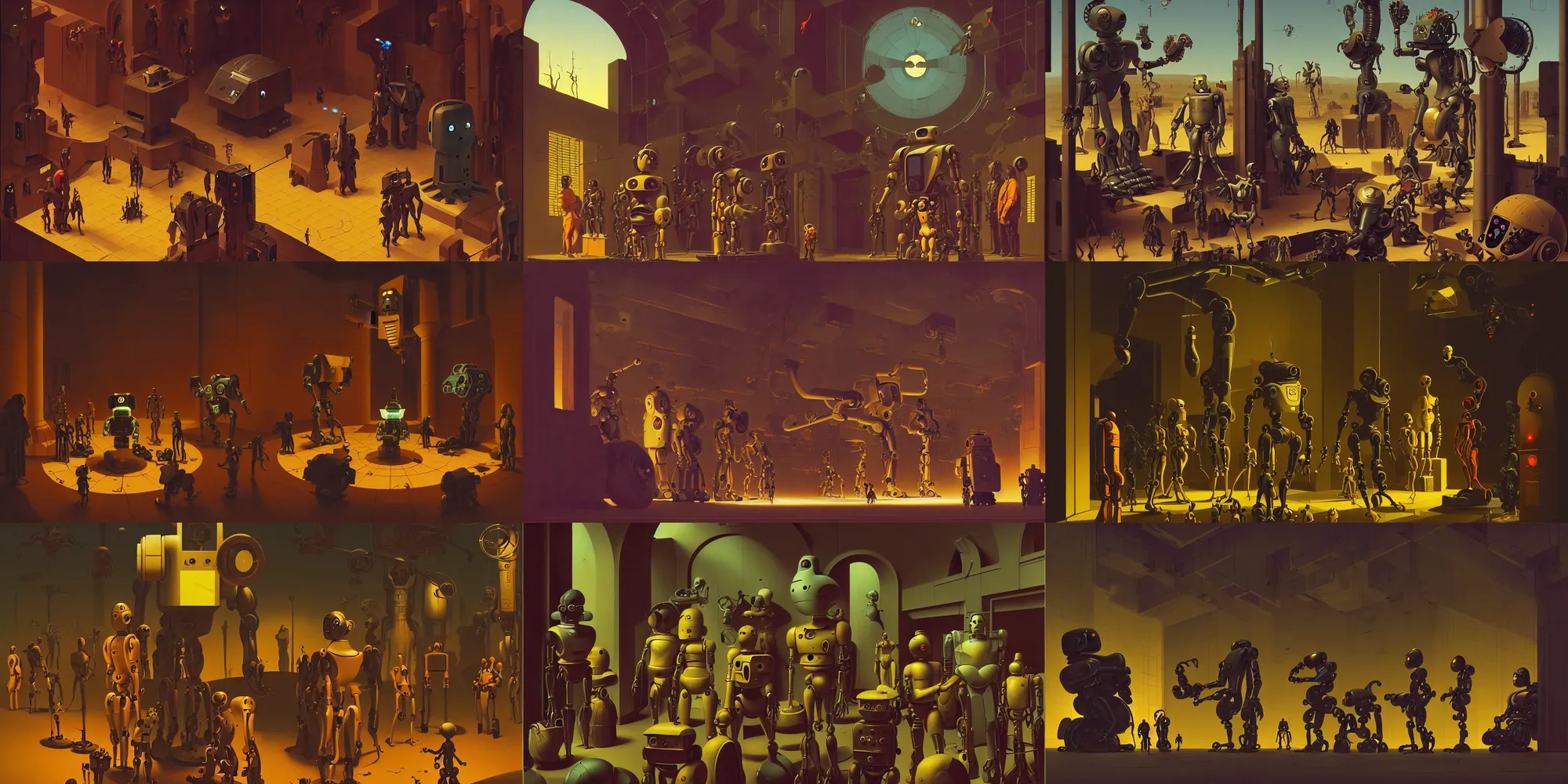 Prompt: robots and cyborgs are waiting at the entrance of hell, art by syd mead mike mignola fernando de felipe david rubin, composition by simon stalenhag hieronymus bosch, soft lighting, rule of thirds, golden ratio, fibonacci, phi