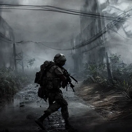 Prompt: Dying Mercenary Special Forces soldier in grey uniform with black armored vest crawling to shelter on the island of Tanoa 2020, combat photography by Feng Zhu, highly detailed, excellent composition, cinematic concept art, dramatic lighting, trending on ArtStation