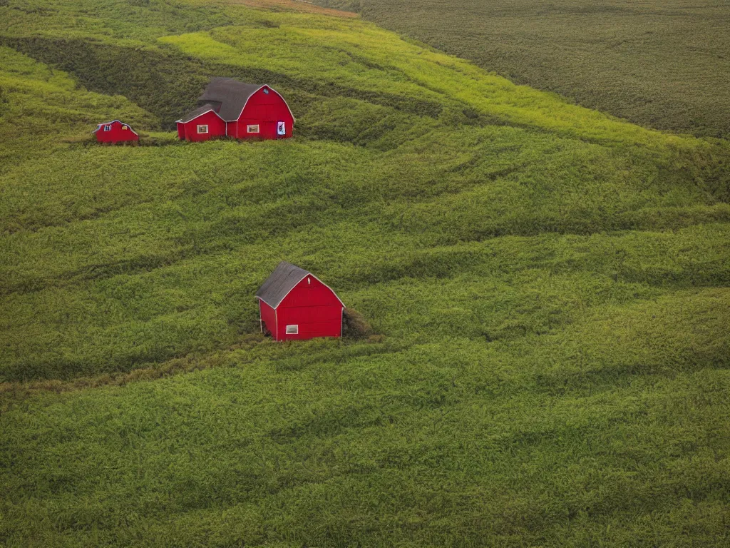 Prompt: Intricate detailed lush ravine with an isolated red barn next to a wheat crop at noon. Wide angle shot, surreal, Anato Finnstark.