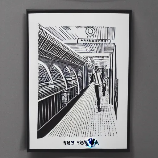 Image similar to a risograph print of a man walking into a New York City subway station